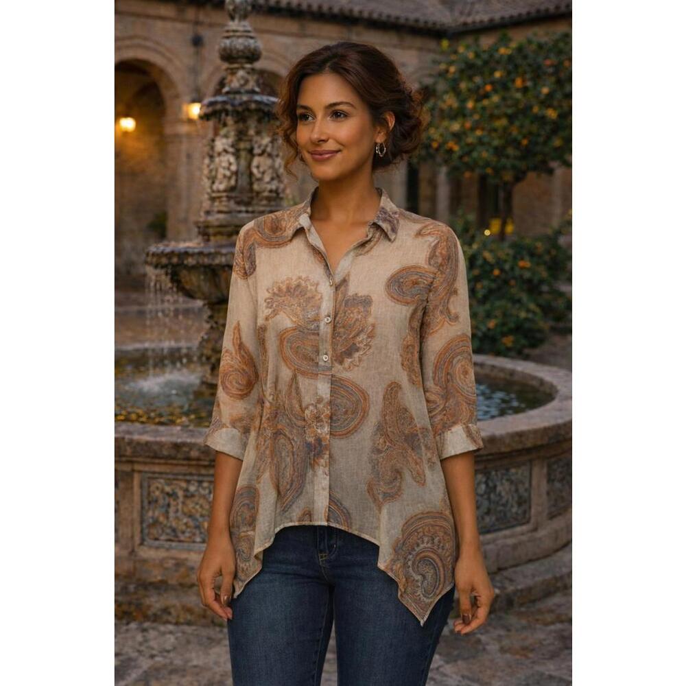Chico’s Size 1 (M) Sheer Paisley Top Roll Tab Sleeves Handkerchief Hem Boho Chic